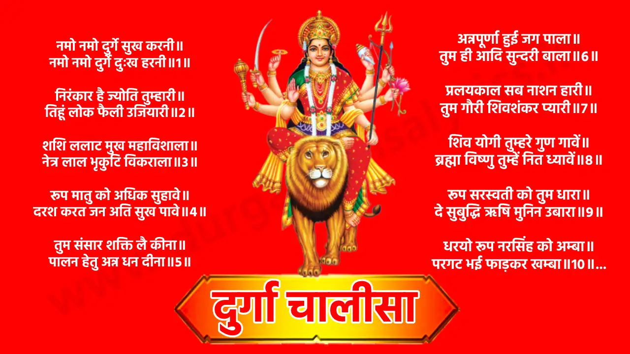 नमो नमो दुर्गे सुख करनी॥ नमो नमो दुर्गे दुःख हरनी॥1॥   निरंकार है ज्योति तुम्हारी॥ तिहूं लोक फैली उजियारी॥2॥   शशि ललाट मुख महाविशाला॥ नेत्र लाल भृकुटि विकराला॥3॥   रूप मातु को अधिक सुहावे॥ दरश करत जन अति सुख पावे॥4॥   तुम संसार शक्ति लै कीना॥ पालन हेतु अन्न धन दीना॥5॥   अन्नपूर्णा हुई जग पाला॥ तुम ही आदि सुन्दरी बाला॥6॥   प्रलयकाल सब नाशन हारी॥ तुम गौरी शिवशंकर प्यारी॥7॥   शिव योगी तुम्हरे गुण गावें॥ ब्रह्मा विष्णु तुम्हें नित ध्यावें॥8॥   रूप सरस्वती को तुम धारा॥ दे सुबुद्धि ऋषि मुनिन उबारा॥9॥   धरयो रूप नरसिंह को अम्बा॥ परगट भई फाड़कर खम्बा॥10॥   रक्षा करि प्रह्लाद बचायो॥ हिरण्याक्ष को स्वर्ग पठायो॥11॥   लक्ष्मी रूप धरो जग माहीं॥ श्री नारायण अंग समाहीं॥12॥   क्षीरसिन्धु में करत विलासा॥ दयासिन्धु दीजै मन आसा॥13॥   हिंगलाज में तुम्हीं भवानी॥ महिमा अमित न जात बखानी॥14॥   मातंगी अरु धूमावति माता॥ भुवनेश्वरी बगला सुख दाता॥15॥   श्री भैरव तारा जग तारिणी॥ छिन्न भाल भव दुःख निवारिणी॥16॥   केहरि वाहन सोह भवानी॥ लांगुर वीर चलत अगवानी॥17॥   कर में खप्पर खड्ग विराजै॥ जाको देख काल डर भाजै॥18॥   सोहै अस्त्र और त्रिशूला॥ जाते उठत शत्रु हिय शूला॥19॥   नगरकोट में तुम्हीं विराजत॥ तिहुंलोक में डंका बाजत॥20॥   शुंभ निशुंभ दानव तुम मारे॥ रक्तबीज शंखन संहारे॥21॥   महिषासुर नृप अति अभिमानी॥ जेहि अघ भार मही अकुलानी॥22॥   रूप कराल कालिका धारा॥ सेन सहित तुम तिहि संहारा॥23॥   परी गाढ़ संतन पर जब जब॥ भई सहाय मातु तुम तब तब॥24॥   अमरपुरी अरु बासव लोका॥ तब महिमा सब रहें अशोका॥25॥   ज्वाला में है ज्योति तुम्हारी॥ तुम्हें सदा पूजें नर-नारी॥26॥   प्रेम भक्ति से जो यश गावें॥ दुःख दारिद्र निकट नहिं आवें॥27॥   ध्यावे तुम्हें जो नर मन लाई॥ जन्म-मरण ताकौ छुटि जाई॥28॥   जोगी सुर मुनि कहत पुकारी॥ योग न हो बिन शक्ति तुम्हारी॥29॥   शंकर आचारज तप कीनो॥ काम अरु क्रोध जीति सब लीनो॥30॥   निशिदिन ध्यान धरो शंकर को॥ काहु काल नहिं सुमिरो तुमको॥31॥   शक्ति रूप का मरम न पायो॥ शक्ति गई तब मन पछितायो॥32॥   शरणागत हुई कीर्ति बखानी॥ जय जय जय जगदम्ब भवानी॥33॥   भई प्रसन्न आदि जगदम्बा॥ दई शक्ति नहिं कीन विलम्बा॥34॥   मोको मातु कष्ट अति घेरो॥ तुम बिन कौन हरै दुःख मेरो॥35॥   आशा तृष्णा निपट सतावें॥ रिपू मुरख मौही डरपावे॥36॥   शत्रु नाश कीजै महारानी॥ सुमिरौं इकचित तुम्हें भवानी॥37॥   करो कृपा हे मातु दयाला॥ ऋद्धि-सिद्धि दै करहु निहाला॥38॥   जब लगि जिऊं दया फल पाऊं॥ तुम्हरो यश मैं सदा सुनाऊं ॥39॥   दुर्गा चालीसा जो कोई गावै॥ सब सुख भोग परमपद पावै॥40॥   देवीदास शरण निज जानी॥ करहु कृपा जगदम्ब भवानी ॥0॥ || समाप्त ||